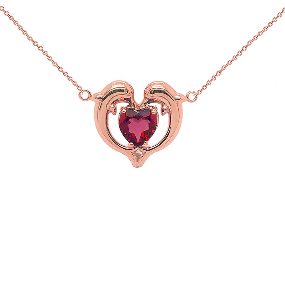 Dolphin Duo Open Heart-Shaped Genuine Birthstone Necklace in Rose Gold ...