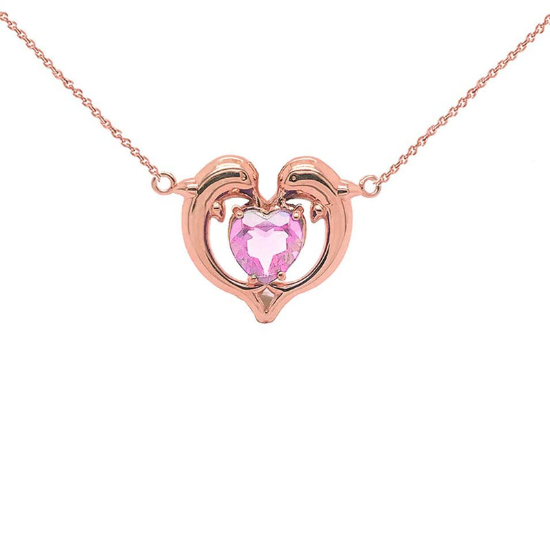 Dolphin Duo Open Heart-Shaped Birthstone CZ Necklace in Rose Gold