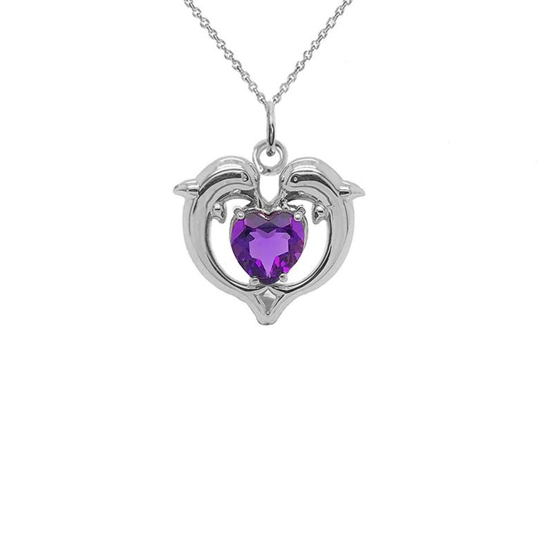 Dolphin Duo Open Heart-Shaped Amethyst Pendant Necklace in Gold