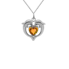 Dolphin Duo Open Heart-Shaped Genuine Birthstone Pendant Necklace in Sterling Silver