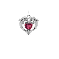 Dolphin Duo Open Heart-Shaped Garnet Pendant Necklace in Gold