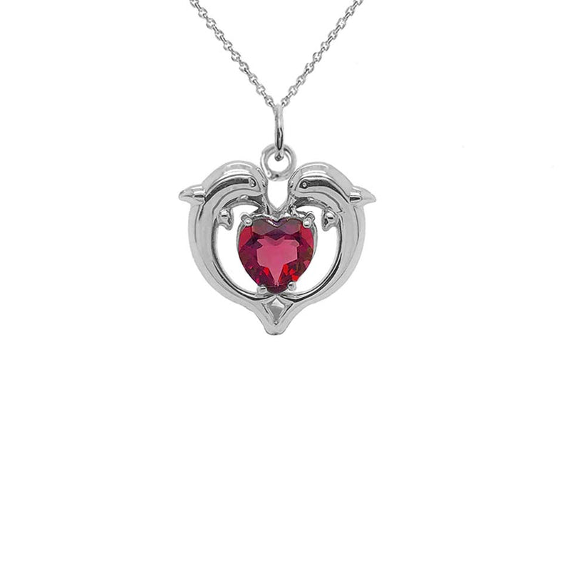 Dolphin Duo Open Heart-Shaped Genuine Birthstone Pendant Necklace in Sterling Silver