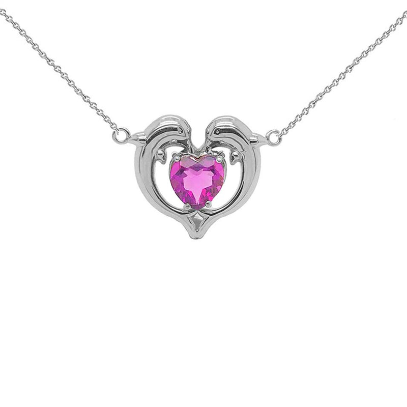 Dolphin Duo Open Heart-Shaped Birthstone CZ Necklace in White Gold
