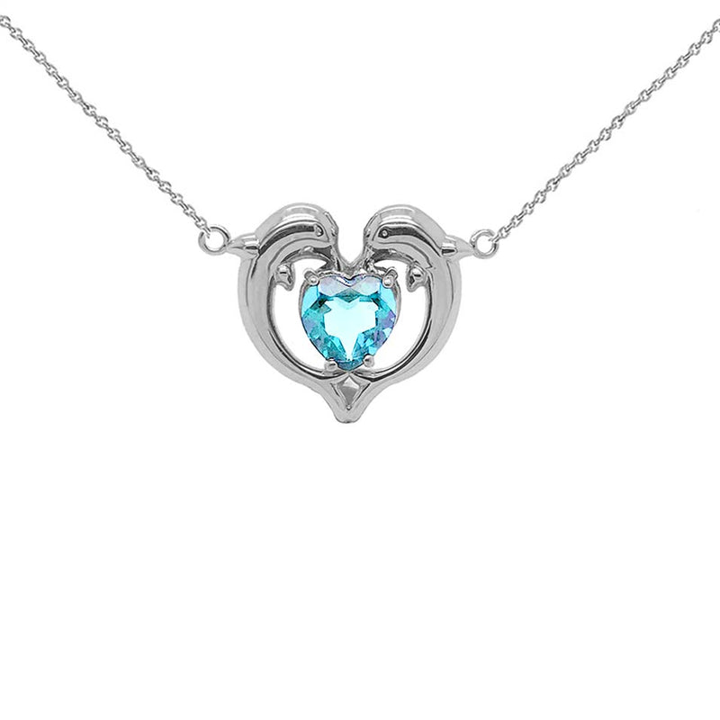 Dolphin Duo Open Heart-Shaped Genuine Birthstone Necklace in White Gold