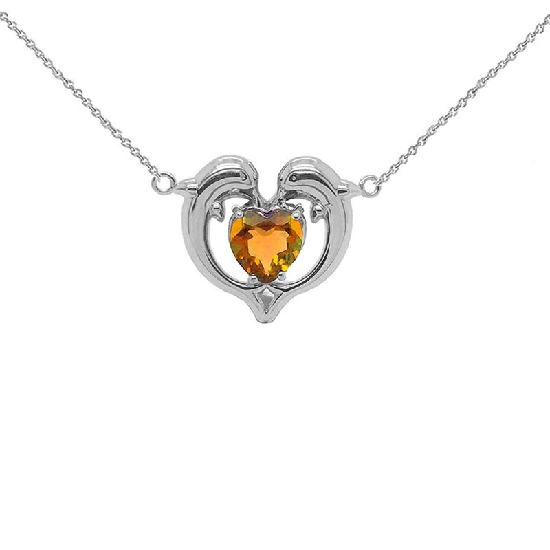 Dolphin Duo Open Heart-Shaped Genuine Birthstone Necklace in White Gold