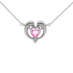 Dolphin Duo Open Heart-Shaped Birthstone CZ Necklace in White Gold
