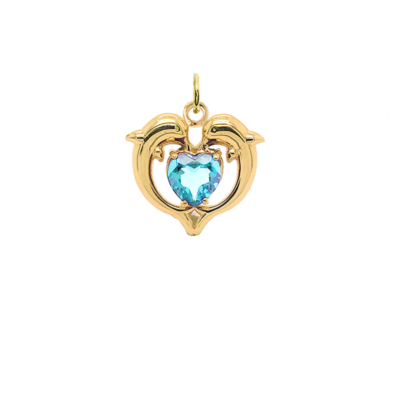 Dolphin Duo Open Heart-Shaped Aquamarine Pendant Necklace in Gold