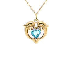 Dolphin Duo Open Heart-Shaped Aquamarine Pendant Necklace in Gold