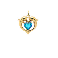 Dolphin Duo Open Heart-Shaped Blue Topaz Pendant Necklace in Gold