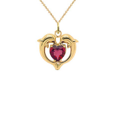 Dolphin Duo Open Heart-Shaped Garnet Pendant Necklace in Gold