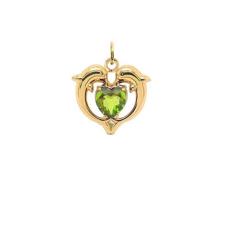 Dolphin Duo Open Heart-Shaped Peridot Pendant Necklace in Gold