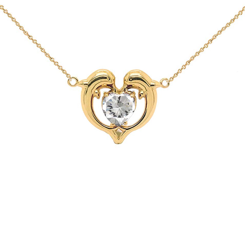 Dolphin Duo Open Heart-Shaped Birthstone CZ Necklace in Yellow Gold