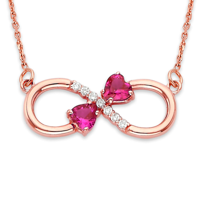 Solid 14k Gold Diamond and Lab Created Ruby July Birthstone Double Heart Infinity Love Necklace
