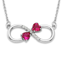 Solid 14k Gold Diamond and Lab Created Ruby July Birthstone Double Heart Infinity Love Necklace
