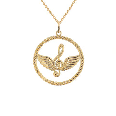 Solid Gold Treble Clef Musical Note Round Rope-Style Pendant Necklace