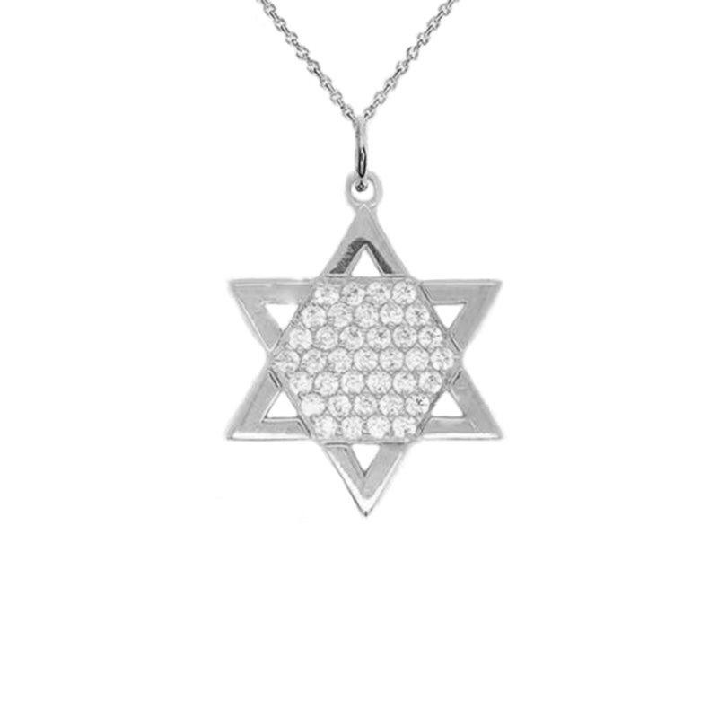 Jewish Star of David with CZ Stones Pendant Necklace in Sterling Silver
