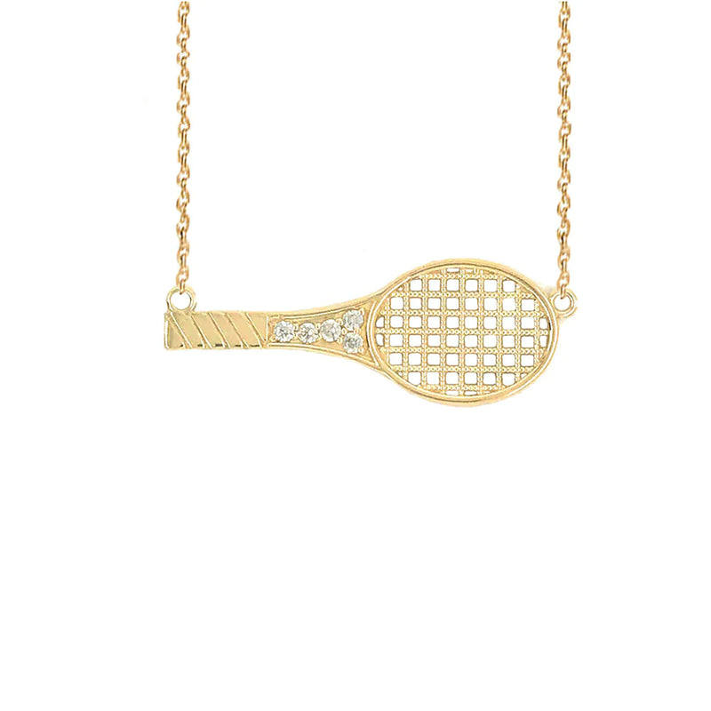 CZ Studded Sideways Tennis Racket Necklace in Solid Gold