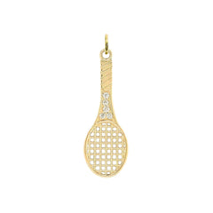 CZ Studded Tennis Racket Pendant Necklace in Solid Gold
