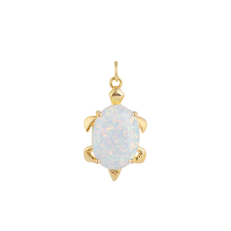 Simulated Opal Turtle Pendant Necklace in Solid Gold