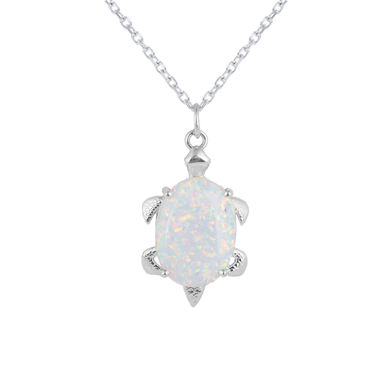 Simulated Opal Turtle Pendant Necklace in Sterling Silver