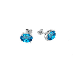 Oval Genuine Birthstone Stud Earring in Sterling Silver (Small Size)