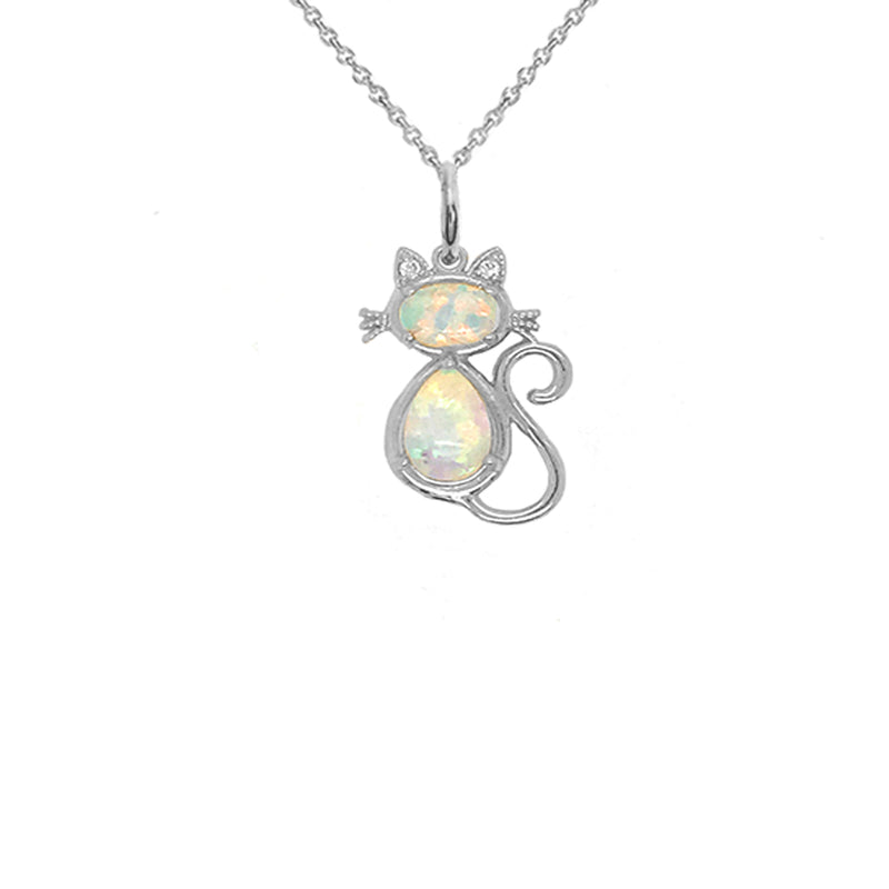 Cat Pendant/Necklace with White Stones and Diamonds in Sterling Silver
