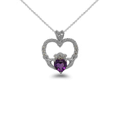 Claddagh Heart Diamond & Amethyst Stone Rope Pendant/Necklace in Sterling Silver