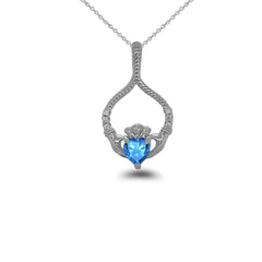 Claddagh Diamond & Blue Topaz Rope Design Pendant/Necklace in Sterling Silver