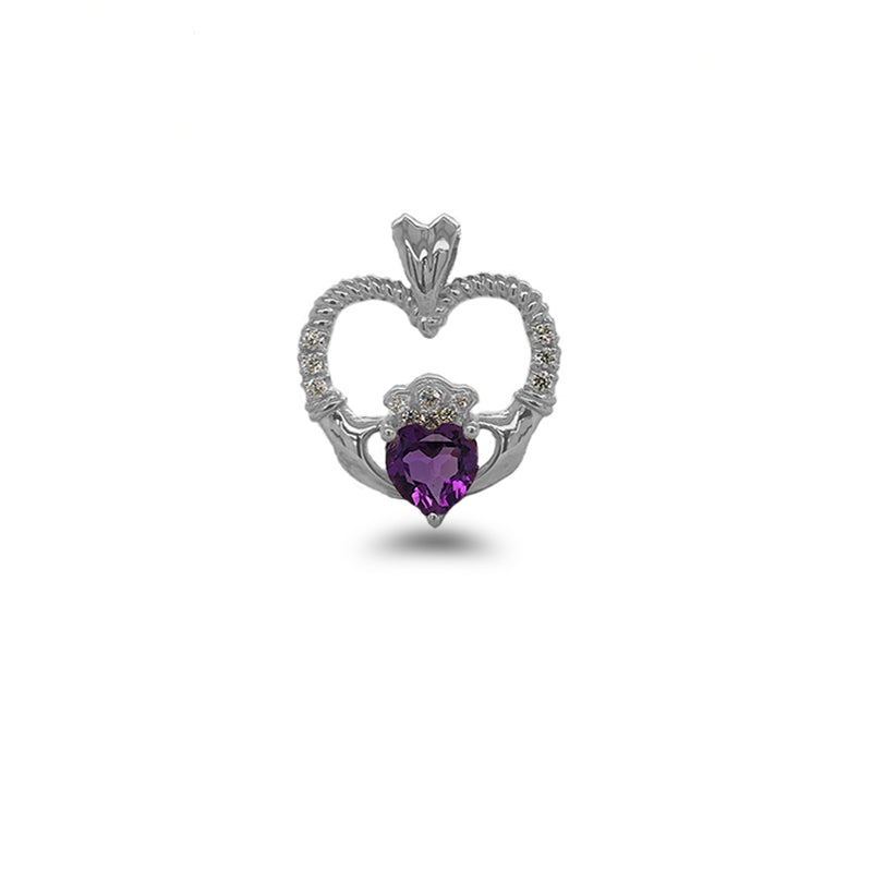 Claddagh Heart Diamond & June Birthstone Purple CZ Rope Pendant/Necklace in Solid Gold