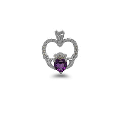 Claddagh Heart Diamond & Amethyst Stone Rope Pendant/Necklace in Sterling Silver