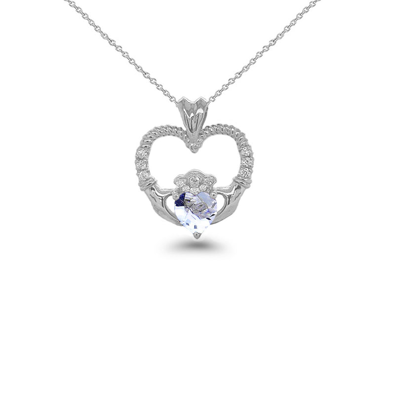 Claddagh Heart Diamond & Aquamarine Stone Rope Pendant/Necklace in Sterling Silver