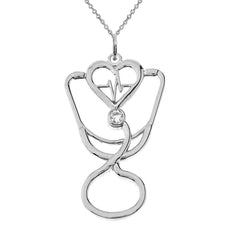 Dainty Diamond Stethoscope Cardiogram Pendant Necklace in Sterling Silver