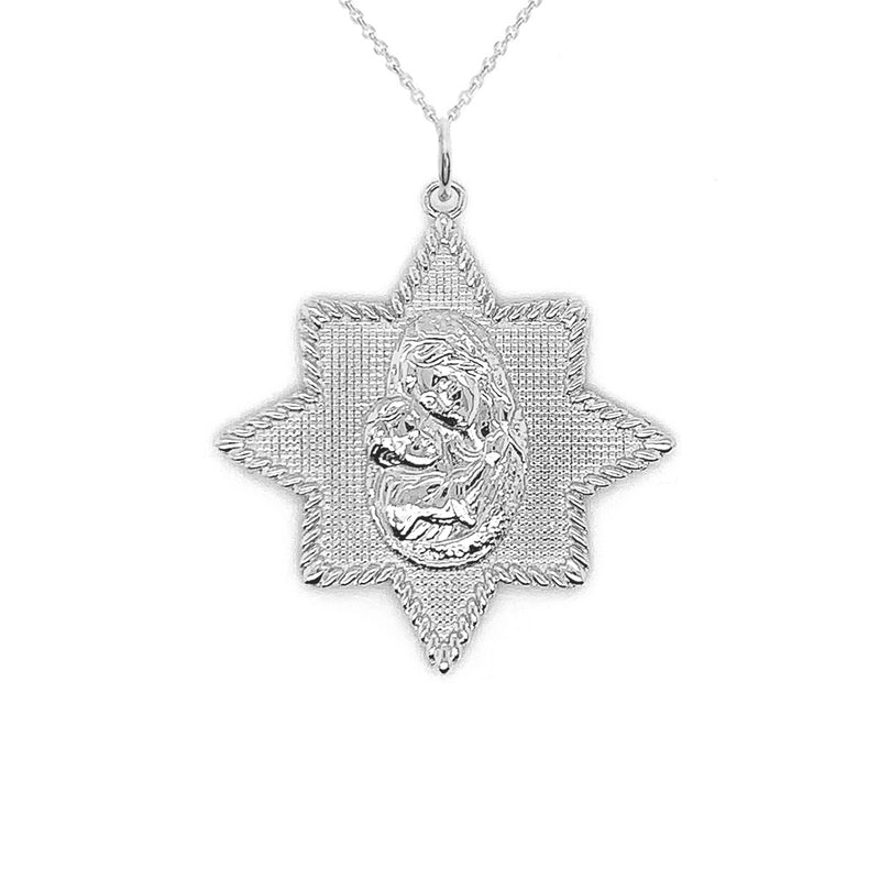 Virgin Mary and Jesus Star Pendant Necklace in Sterling Silver