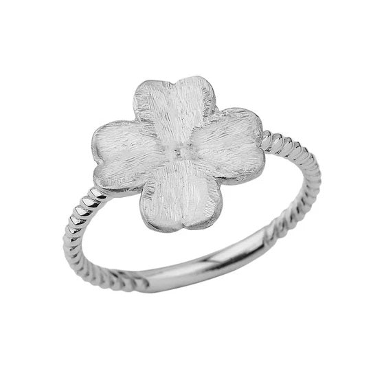 Four-Leaf Clover Rope Ring in Solid White Gold