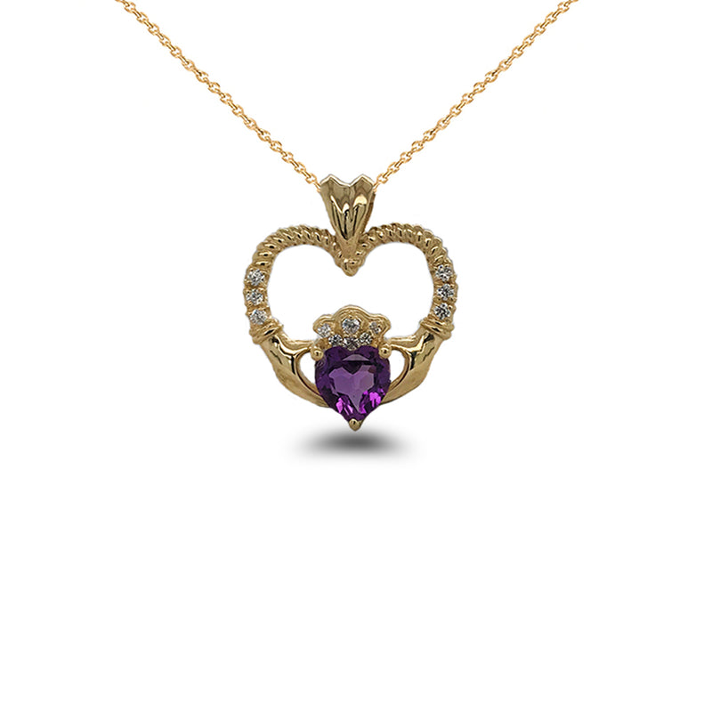 Claddagh Heart Diamond & Genuine Amethyst Rope Pendant/Necklace in Solid Gold