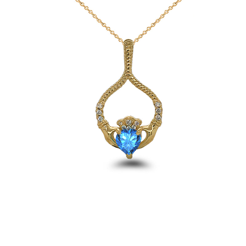 Claddagh Diamond & Blue Topaz Rope Design Pendant/Necklace in Solid Gold