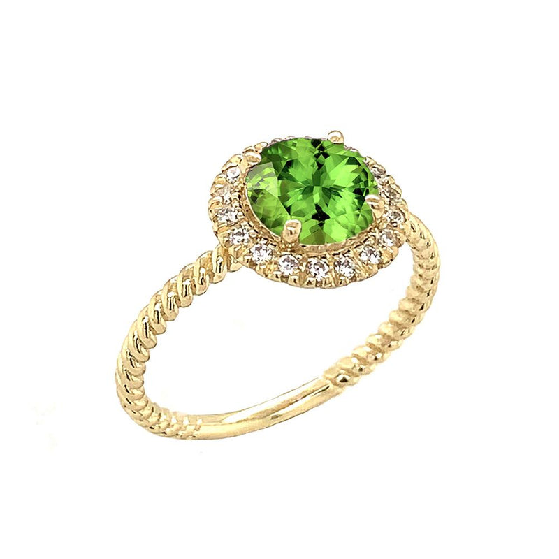 Genuine Gemstone and Halo Diamond Proposal Statement Rope Ring In Solid Gold (Available in 6 Birthstones)