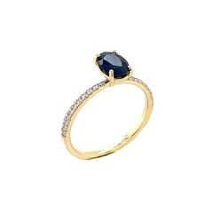 Solid Gold Dainty Oval Genuine Sapphire & Diamond Engagement Proposal Ring