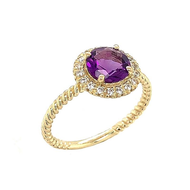 Genuine Gemstone and Halo Diamond Proposal Statement Rope Ring In Solid Gold (Available in 6 Birthstones)