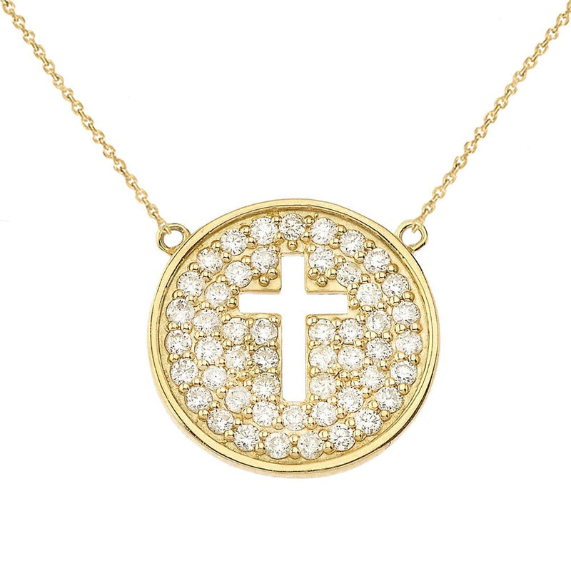 Micro Pave Diamond Round Cut-Out Cross Necklace in Solid Gold