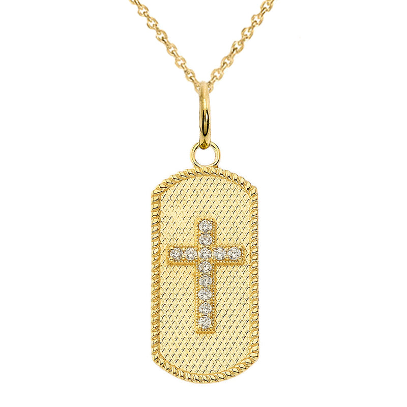 Diamond Studded Cross Dog Tag Pendant Necklace in Solid Gold