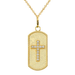 Diamond Studded Cross Dog Tag Pendant Necklace in Solid Gold