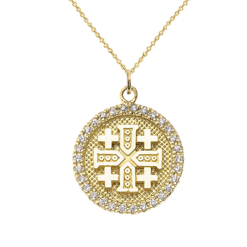 Diamond Jerusalem Crusaders Cross Disc Pendant Necklace in Solid Gold