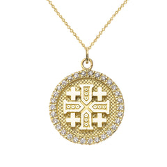 Diamond Jerusalem Crusaders Cross Disc Pendant Necklace in Solid Gold