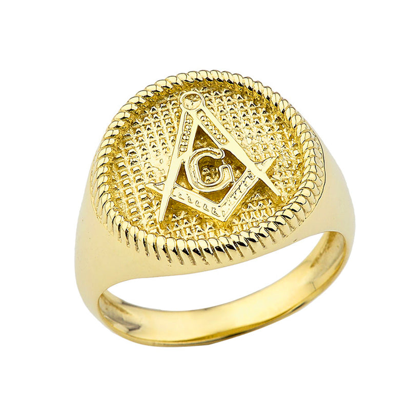 Solid Gold Square  And Compass Masonic Men's Ring