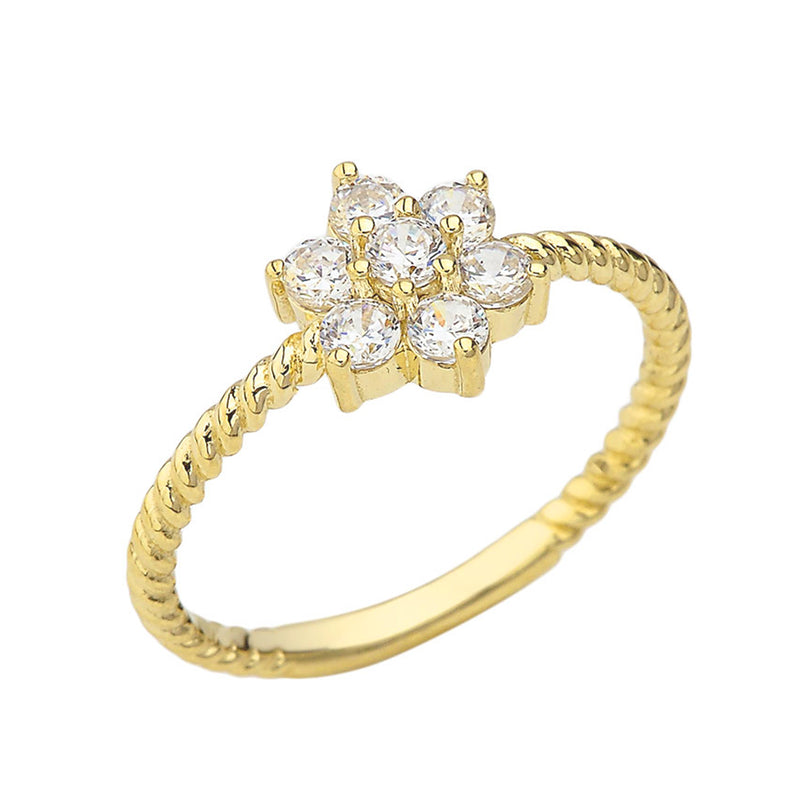 Solid Gold Diamond Cluster Flower Rope Ring