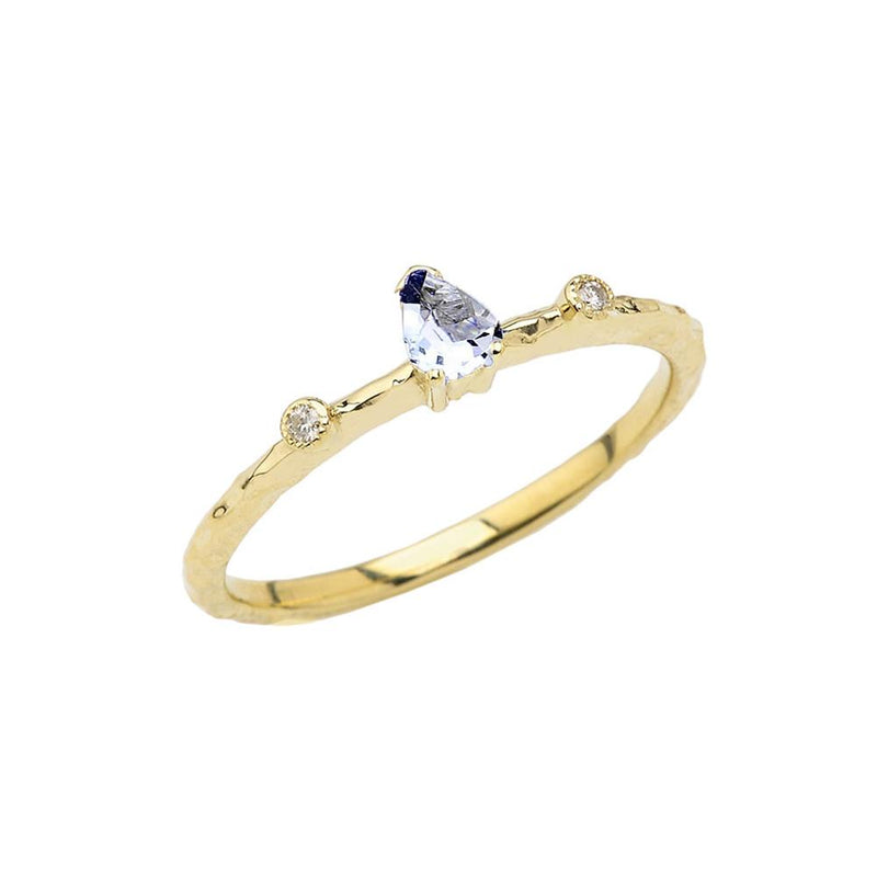 Dainty Pear Shape Aquamarine & Diamonds Stackable Ring In Solid Gold