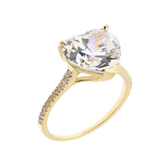 Diamond and Heart Shape Cubic Zirconia Engagement Love Ring in Solid Gold