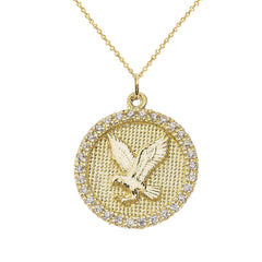 Solid 10k Gold American Eagle Disc Pendant Necklace