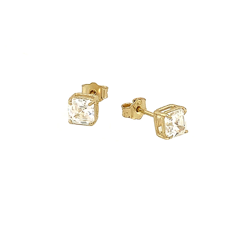 Solitaire Asscher-Cut CZ Stud Earrings in Solid Gold(Small Size)